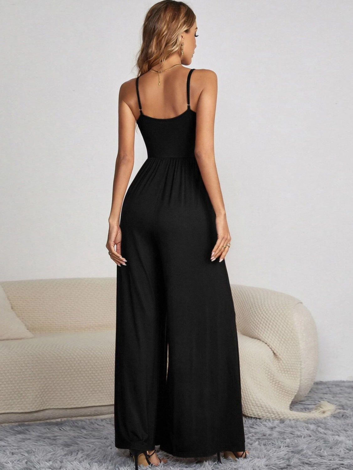 Button Spaghetti Strap Wide Leg Jumpsuit