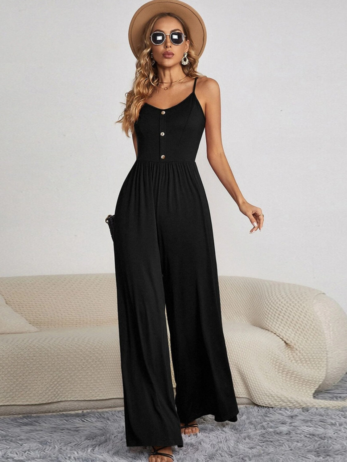 Button Spaghetti Strap Wide Leg Jumpsuit